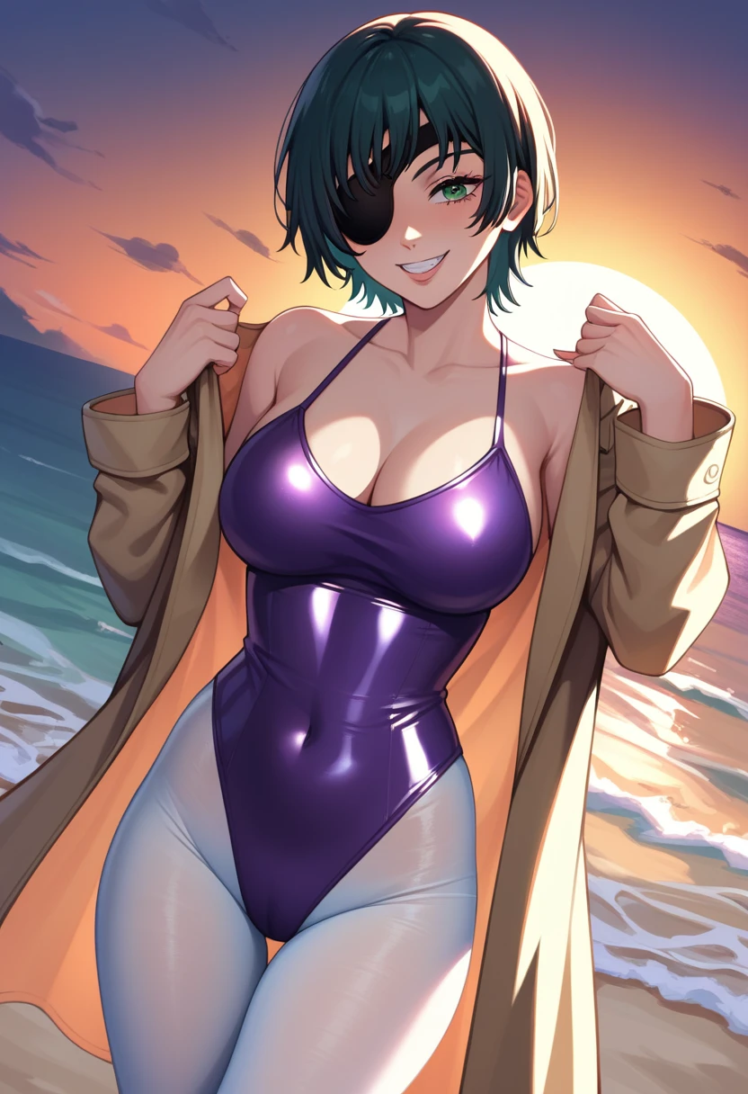 mature female, mature, Adult, himeno, himeno(Chainsaw Man), 1girl, black hair, short hair, eyepatch, Himeno(Chainsaw Man), solo, seductive smile, evil grin, aroused, in heat, nsfw, Villains, Open coat, latex purple leotard under the trench coat, Light green pantyhose, chest, View your audience, Beach, Night, Dark, dramatic angle, unique perspective, unique angle, masterpiece, Top animation quality，Top image quality,