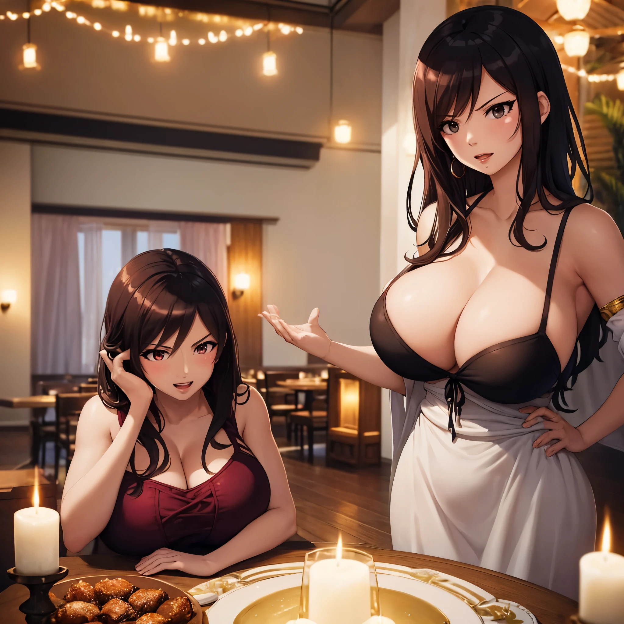 Your influencer character(milf with big boobs) with long, dark hair dancing on a beautiful restaurant on the roof top. gorgeous table decorated with candles in the background. She is dressed in a flowy sundress (stylish party attire ) and has a joyful expression on her face. The style is bright and colorful, capturing the energy and fun of the moment.