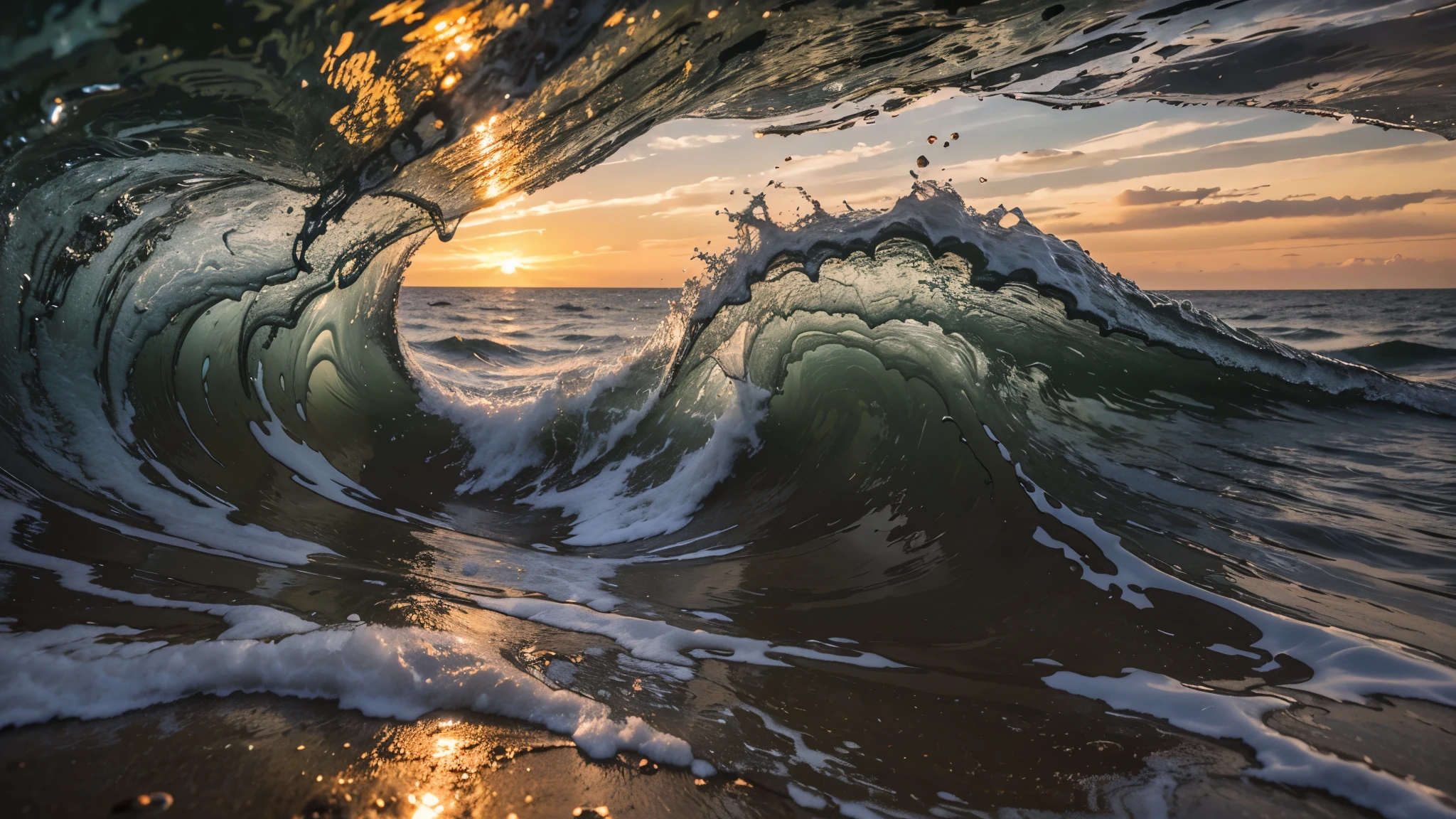 Close up inside of abstract wave breaking in the sunset or sunrise background natural light
