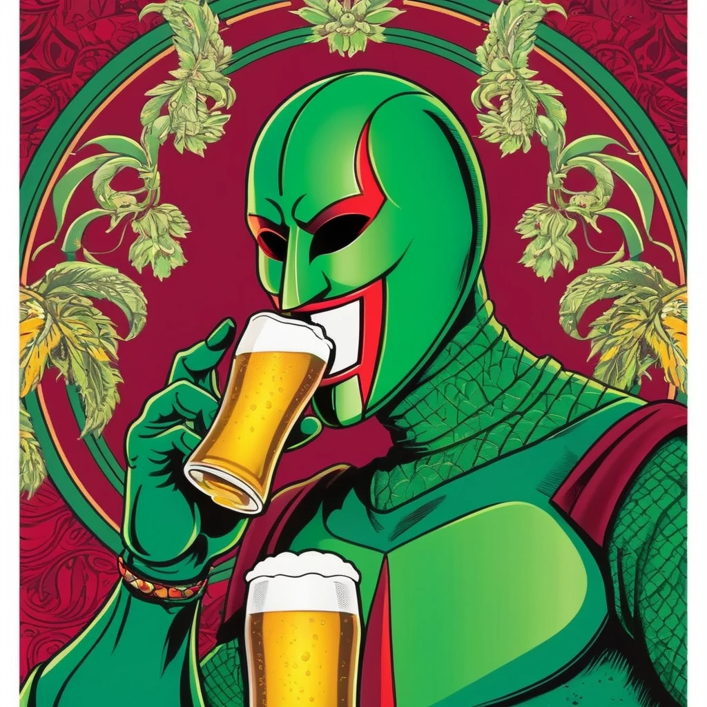 art drawing, The Mask, wearing the colors green and garnet, fighting with rivals, Drinking beer, Vibrant, highy detailed