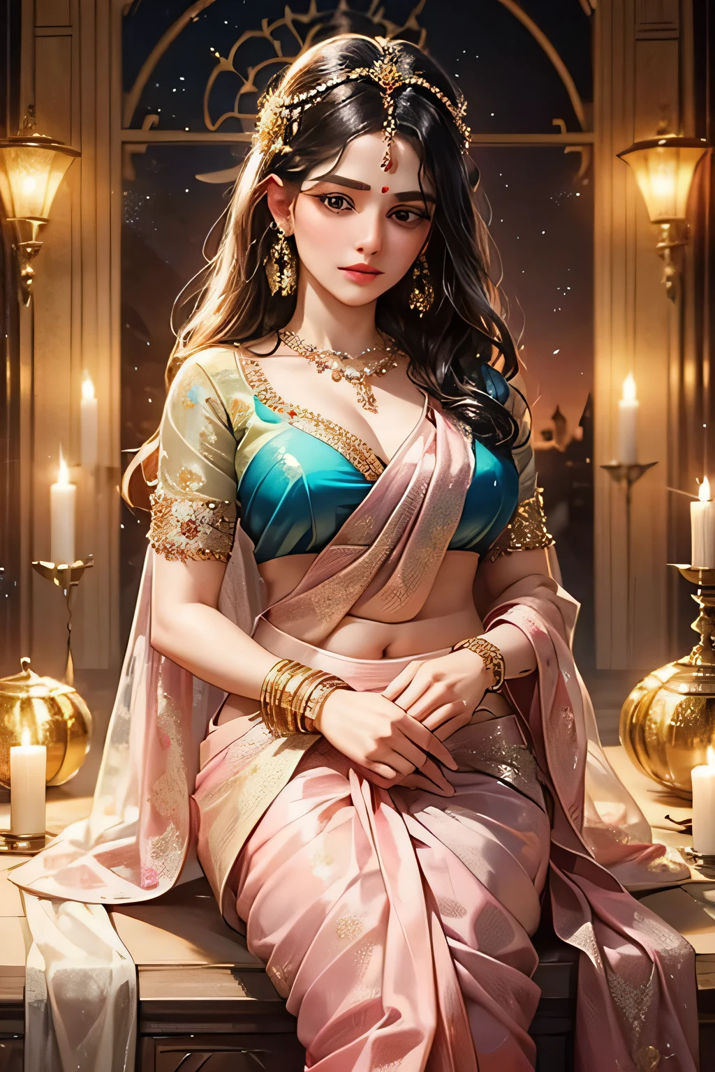 Goddess, very beautiful, animated style, closeup shot, anime in a (((combination indian traditional saree))) (((saree))) (((blouse))), long black wavy hair untied, head jewellery, head clips, head chains, head tiara, necklace, long and beautiful earings, armlets, bangles and bracelets, rings, pleasant expression, bright big black eyes, holding a flower, natural beauty, vibrant colors, dreamy, northern light, pink bubble, romantic, soft lighting, vintage aesthetic