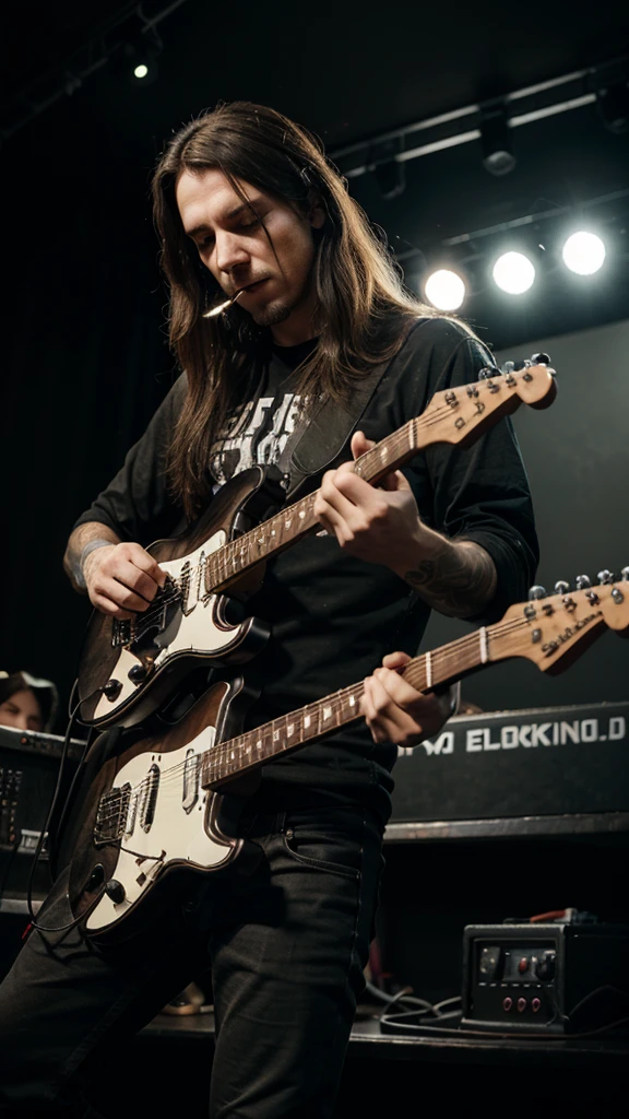 male metalhead, smoking cigarette, concert, alone, holding a electric guitar, chill expression 