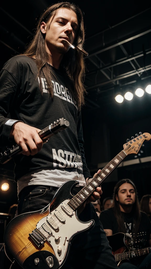 male metalhead, smoking cigarette, concert, alone, holding a electric guitar, chill expression 