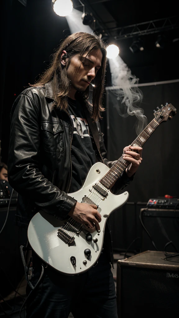male metalhead, smoking cigarette, concert, alone, holding a electric guitar, chill expression 