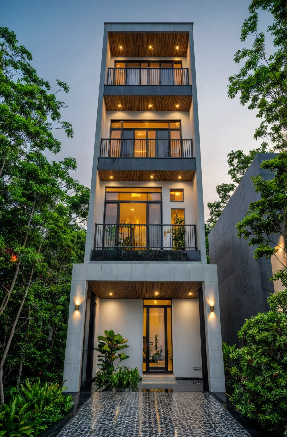 masterpiece, best quality, exterior design, (sunset), single 1 storie modern house on the Vietnam village, marble, steel, modern dark tiled granite and white walls facade, wooden ceiling, large glass, minimalist modern style, green shrubs and tropical tree background, large door and windows.
