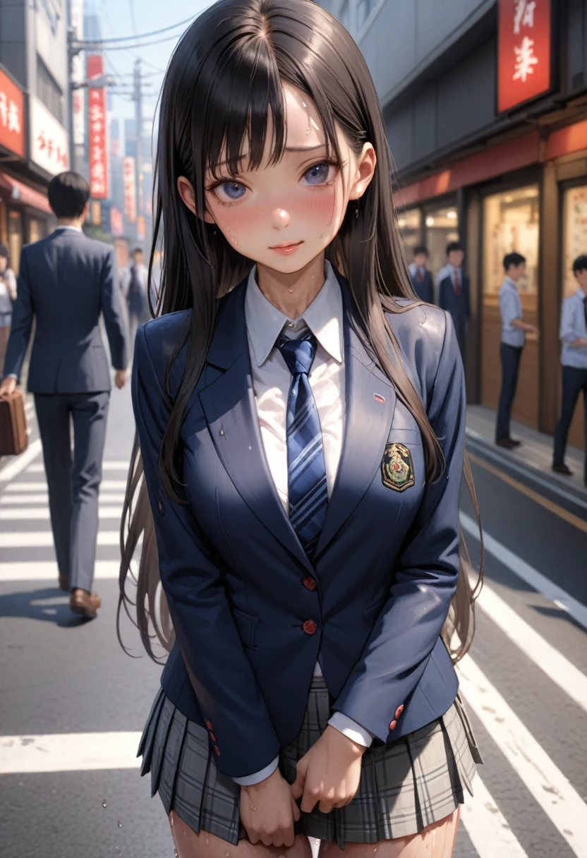 ((masterpiece,Highest quality:1.3,best illustration,realistic)),cowboy shot,1woman、独奏,25 year old Japanese beauty,((very small head:1.3)),center parted bangs,forehead,black hair,long hair,black eyes,gorgeous eyes,Black-rimmed glasses,shy,medium breasts,((very long body:1.3)),((toned body,slender body,skinny)),gleaming skin,shiny skin,oily skin,sweat,(School uniform、Dark blue blazer jacket、Navy blue tie、Grey plaid pleated mini skirt),on street,Tokyo、