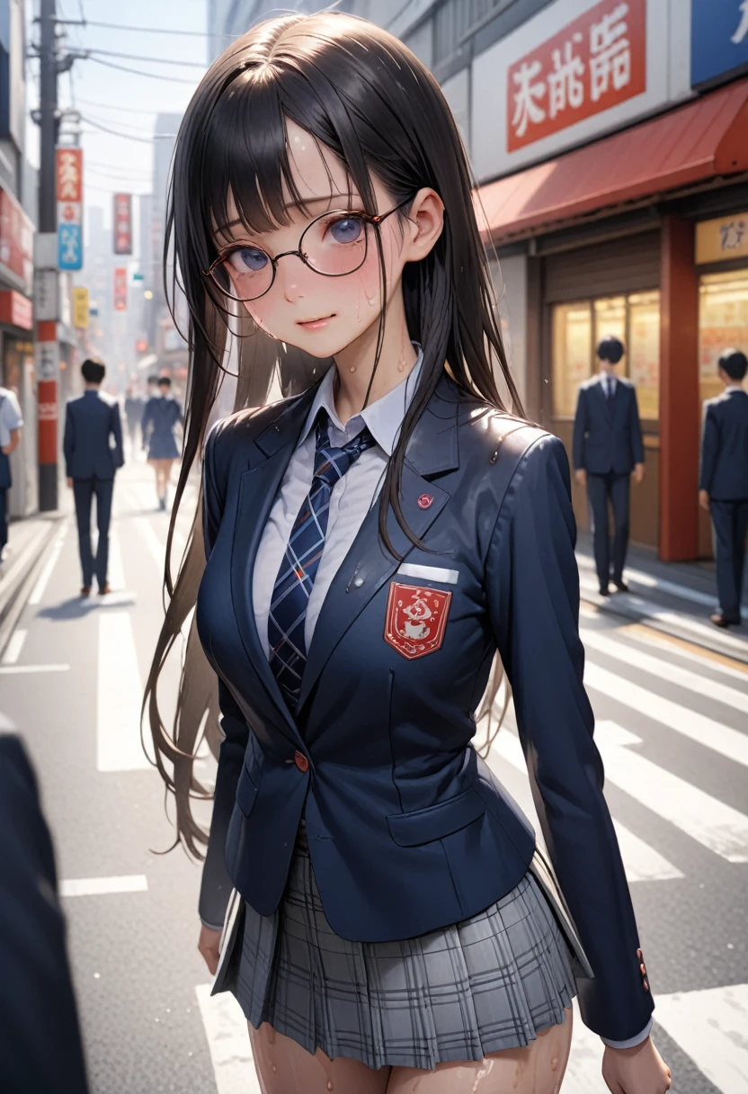 ((masterpiece,Highest quality:1.3,best illustration,realistic)),cowboy shot,1woman、独奏,23 year old Japanese beauty,((very small head:1.3)),center parted bangs,forehead,black hair,long hair,black eyes,gorgeous eyes,Black-rimmed glasses,shy,smile,medium breasts,((very long body:1.3)),((toned body,slender body,skinny)),(School uniform、Dark blue blazer jacket、Navy blue tie、Grey plaid pleated mini skirt),gleaming skin,shiny skin,oily skin,sweat,on street,Tokyo、