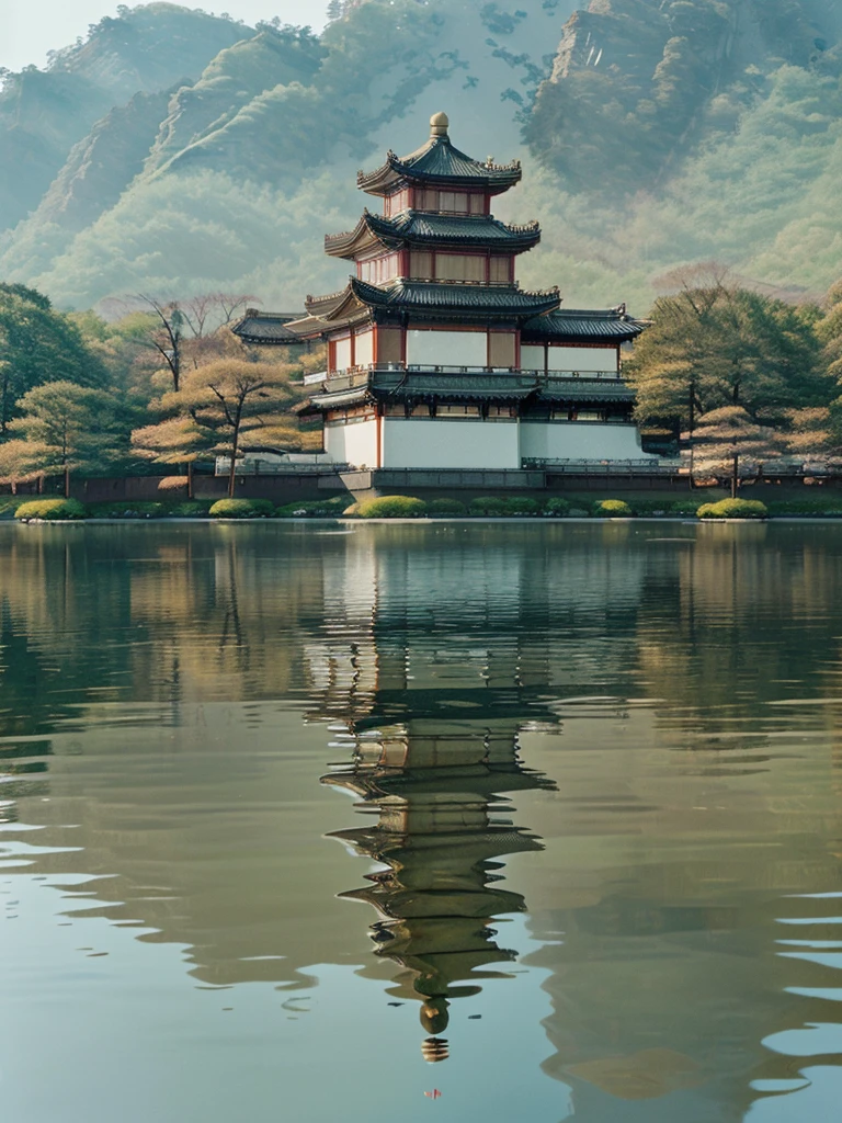 An imperial palace chinese facing the lake, The reflection hits the water. A place that reflects this in the glory days