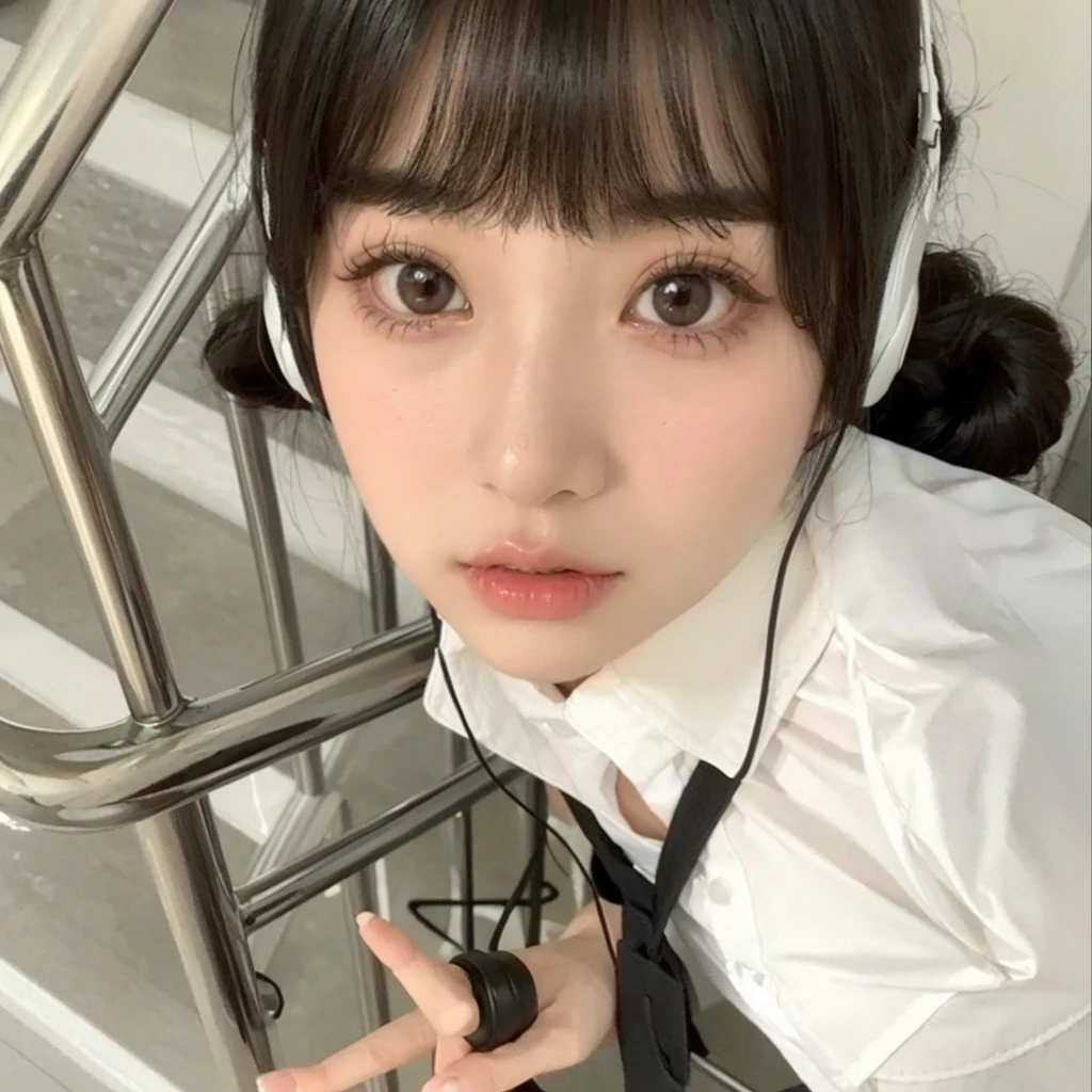 Black haired Korean girl with bangs. She wears headphones. Korean Ulzzang with updo hair and bangs. She wears a white shirt and a black uniform. Korean cute girl. He has pale skin and a soft face., with big eyes. Black-haired Ulzzang girl with bangs signs with her fingers.