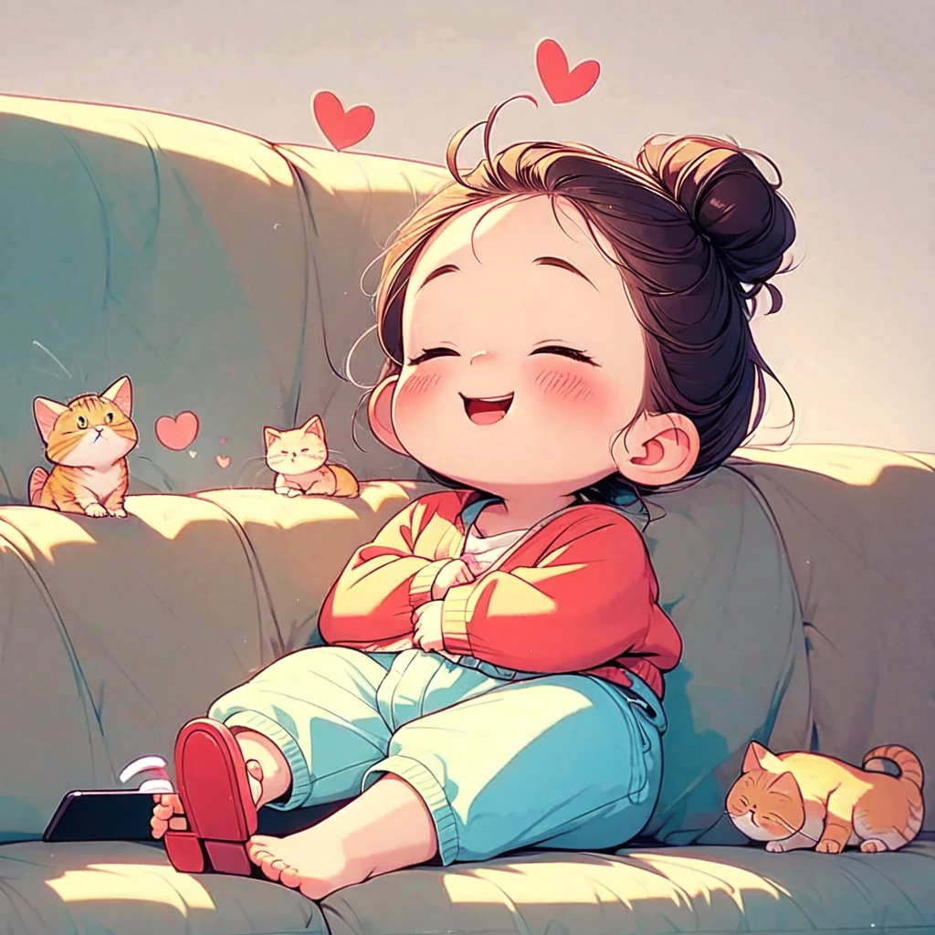 cartoon child with happy face and hands on tablet sitting on couch saying something with heart ears coming up above her, 1girl, solo, shorts, heart, phone, closed eyes, open mouth, white background, sweater, couch, shoes, blush, smile, lying, cellphone, simple background