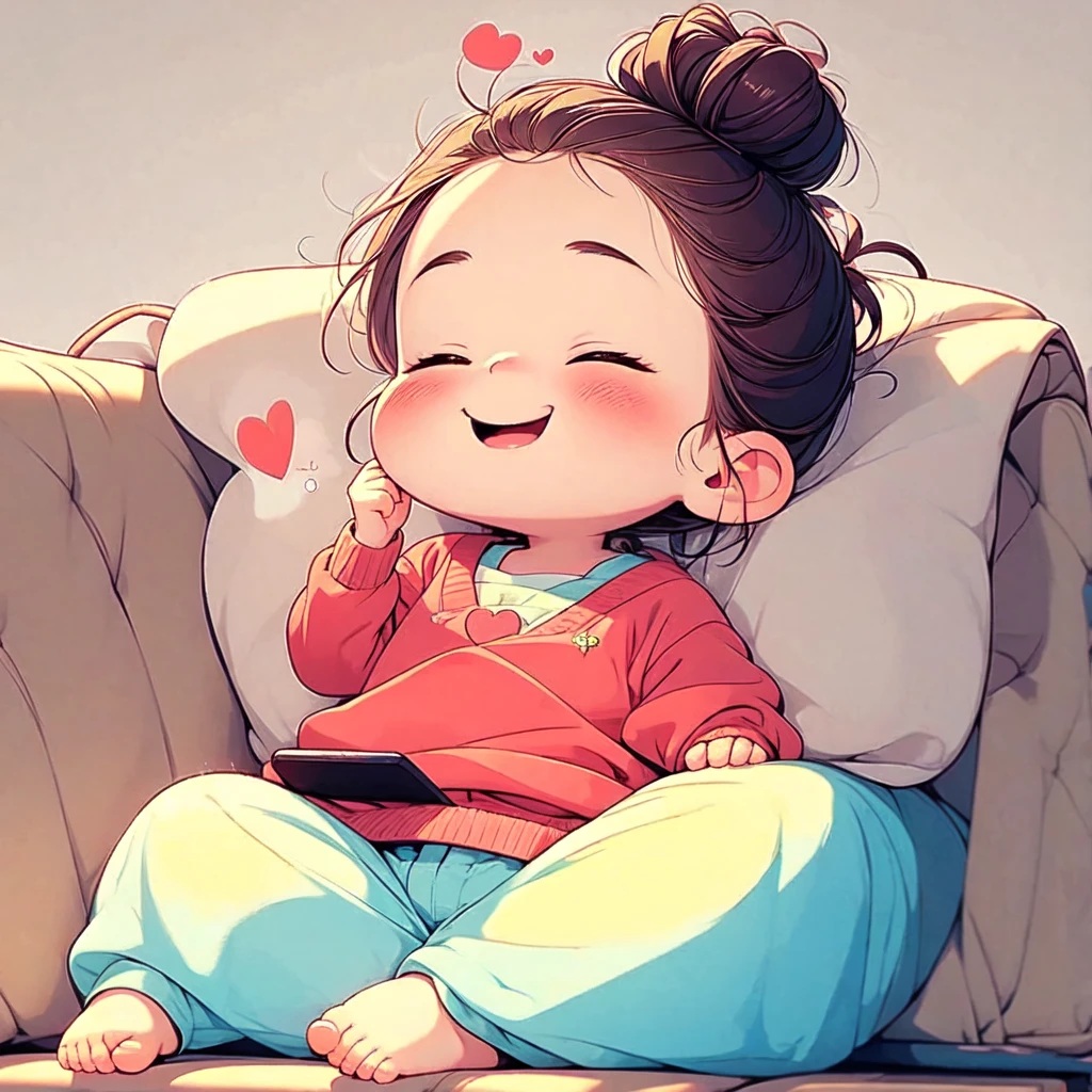 cartoon  with happy face and hands on tablet sitting on couch saying something with heart ears coming up above her, 1girl, solo, shorts, heart, phone, closed eyes, open mouth, white background, sweater, couch, shoes, blush, smile, lying, cellphone, simple background