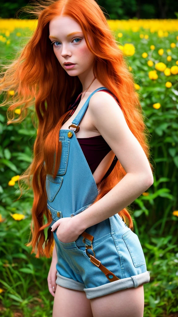 Hello, create one for me (Masterpiece artwork), still from film, (full body shot) of a beautiful and sexy young redhead, (long hair), (face perfect), (detailed facial features), seductive look, (amazing body), (Wearing overalls) , standing, plein-air, humid, humid, fundo detailded), shallow depth of field, (detailded), photographed on a Kodak camera,