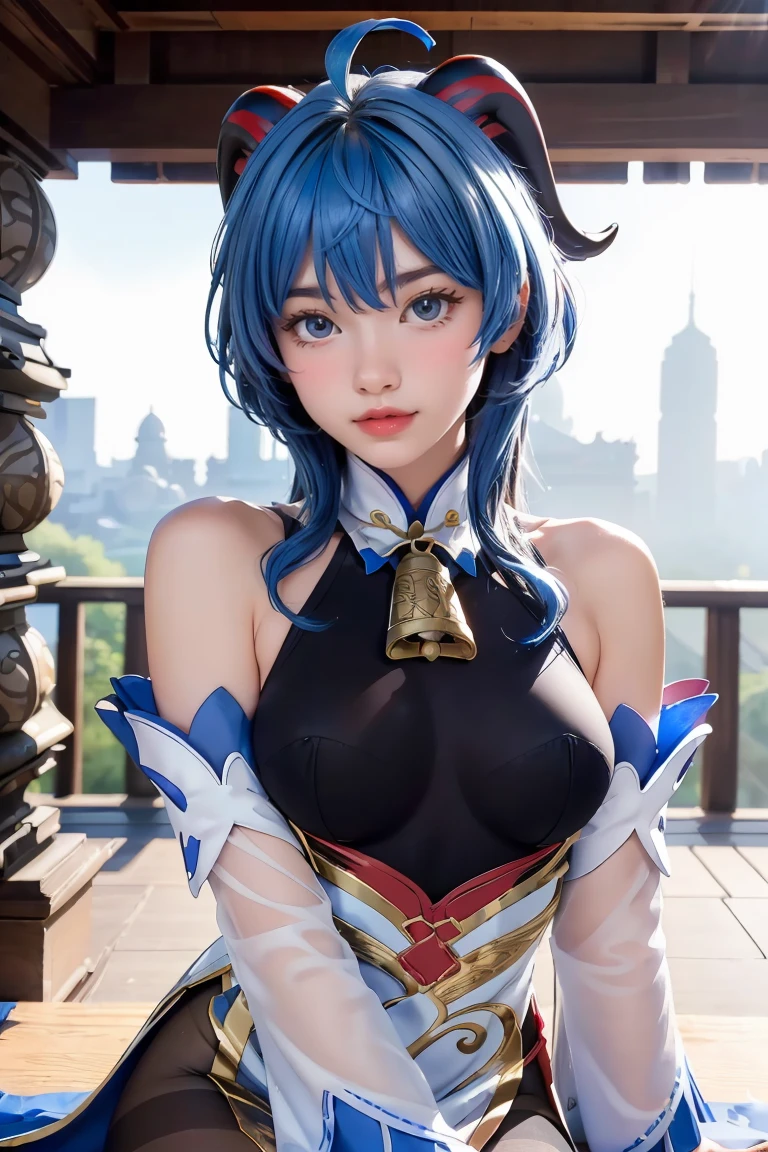 (photorealistic:1.4), (masterpiece, sidelighting, finely detailed beautiful eyes: 1.2), masterpiece*portrait, realistic, 3d face, 
ganyu \(genshin impact\), 1girl, ahoge, architecture, bangs, bare shoulders, bell, black gloves, black pantyhose, (blue hair), blush, breasts, chinese knot, detached sleeves, flower knot, gloves, horns, long hair, looking at viewer, medium breasts, neck bell
 