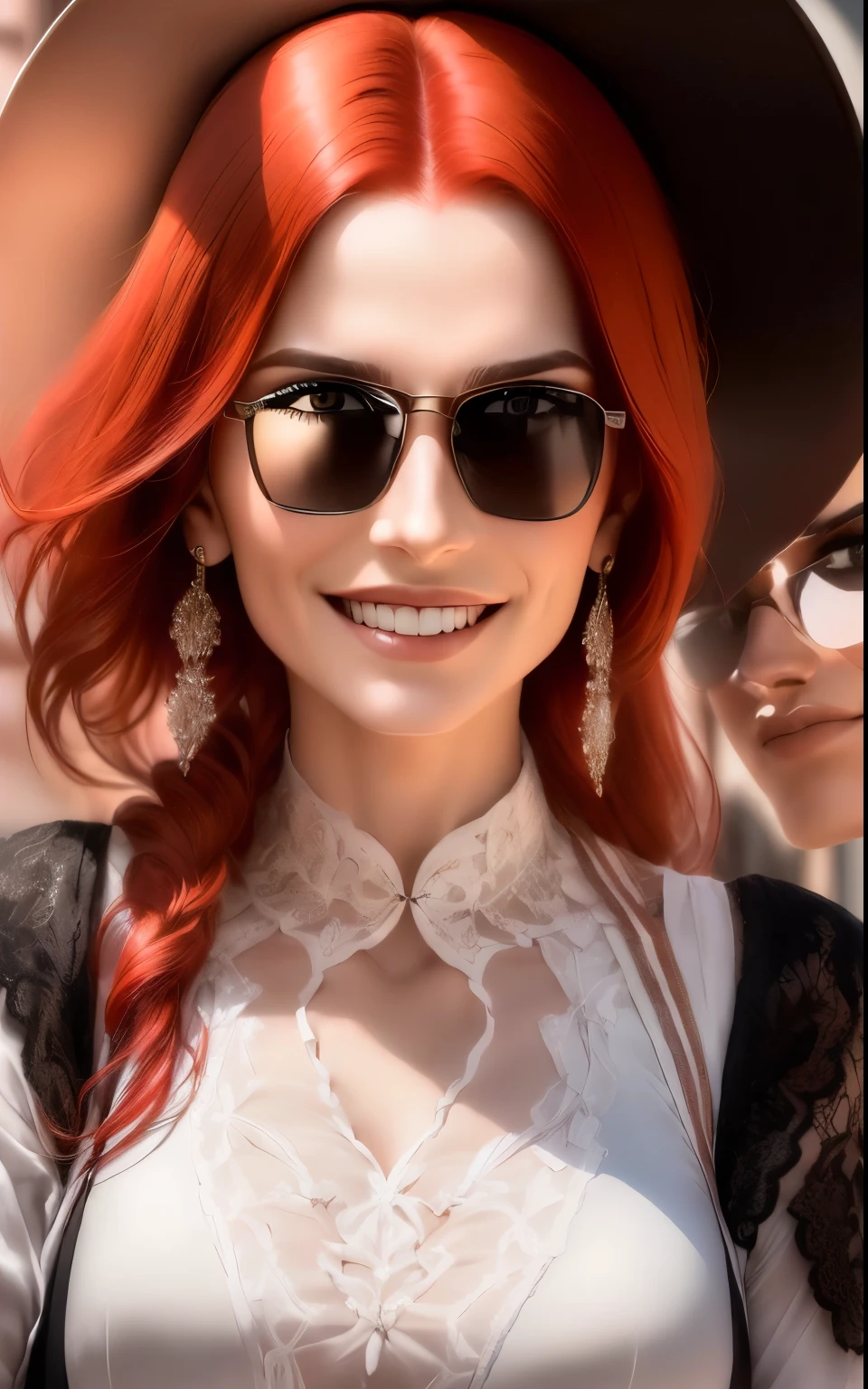 woman with red hair and sunglasses holding a and smiling, a very macular woman in white, she has a distant expression, maia sandu hyperrealistic, but a stern look about her, not smiling, carola rubio, proud serious expression, looking serious, laura sava, serious face, concerned expression, serious expression, sanja stikovic, intense expression