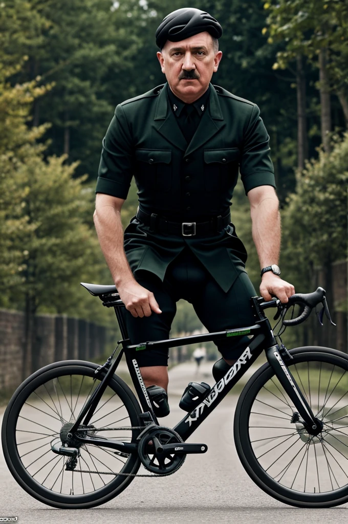 adolf hitler rides a roadbike, the roadbike brand is spanker and color black and green