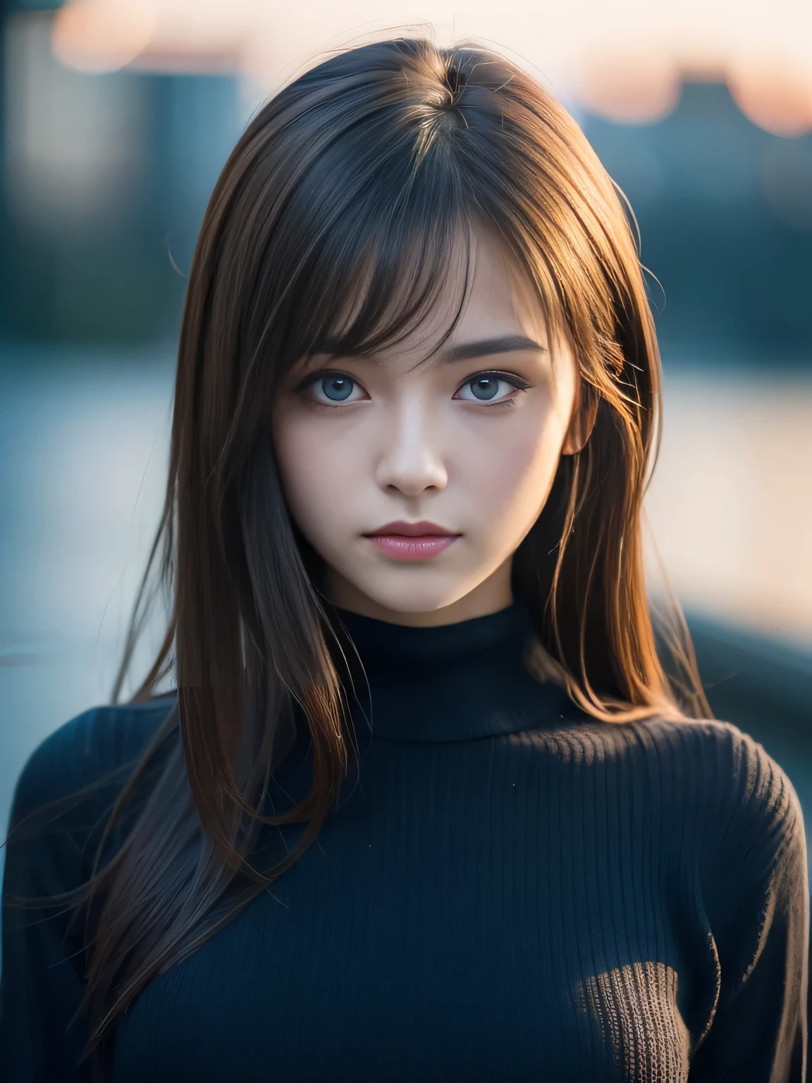 masterpiece, best quality, ultra-detailed, intricately detailed hyperdetailed, realistic, sharp features, highly detailed, sharp focus, 19 years old, (Japanese sophisticated model), perfect face, perfect and delicate Blue eyes, perfect full lips, flexible female form, cinematic, hyper detailed, hyper realistic, high resolution, vibrant, (dark fantasy), ((deep Blue hour)), gloomy shadow, light brown hair, messy hair, small breasts, Black sweater, portrait, head shot,