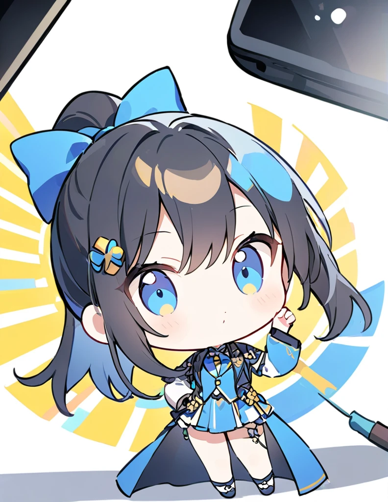 Golden Ratio,Very detailed、Very absurd、超High resolution, Attention to detail, high quality, High resolution, 最high quality, 4K, 8K,White background、(Clover on a white background)、Black Hair、ponytail、Strike a pose for the camera、blue costume、chibi,cute girl
