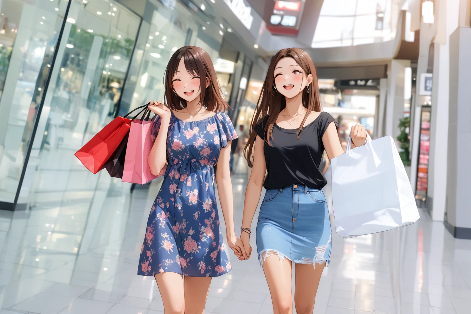 2 pretty young asian women, smiling, shopping together at mall, holding bag, dress, skirt