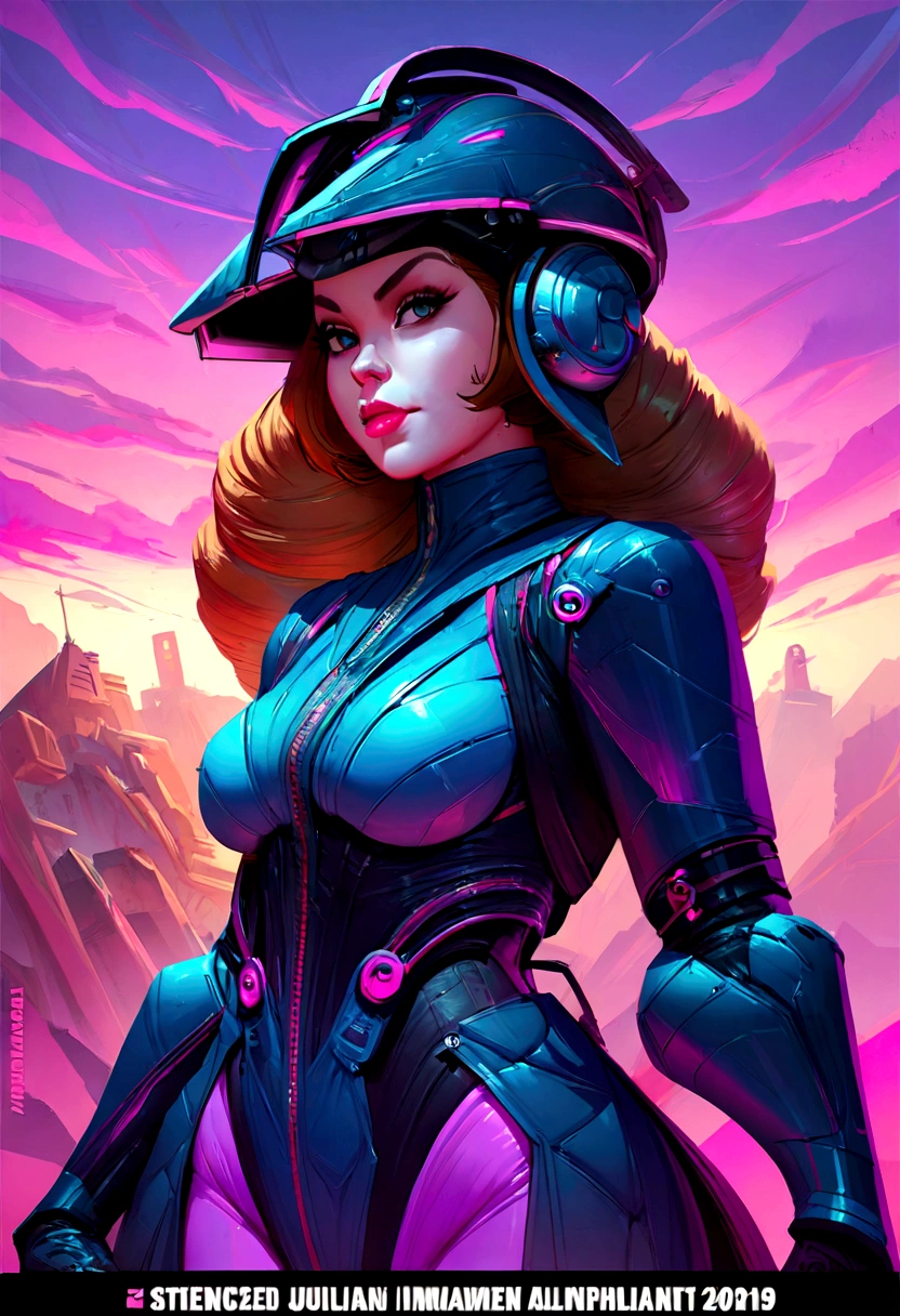 There is a picture of a woman wearing a helmet., Stephen Hickman, Synthwave art style ]!!, Cinemascope Panorama, Atompunk, epically illuminating images, pioneering aesthetics, Spellbreaker, Future-oriented France, Juan Jimenez, Trends at ArtStation, Julian Allen, 7 0 second palette, maximalism. very cool, In the 2019 Science Fiction 8K Movie  
