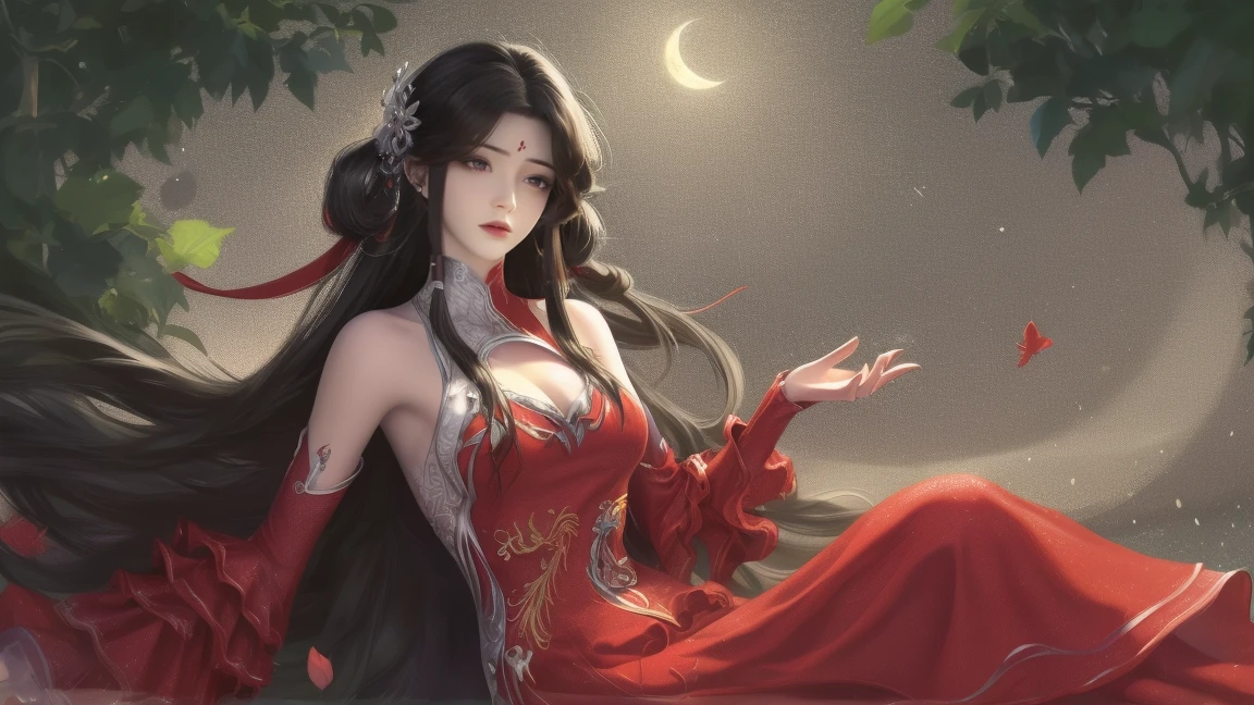 1girl, girl with long black hair, smiling, cheerful, girl is sitting among a wide expanse of flowers, surrounded by beautiful flowers, Calm and peaceful atmosphere, night, moonlight , Beautiful glowing butterflies surround the girl lighting up the darkness of the night, magic,Romantic, the night breeze blows the Sepoi Sepoi girl's hair, 