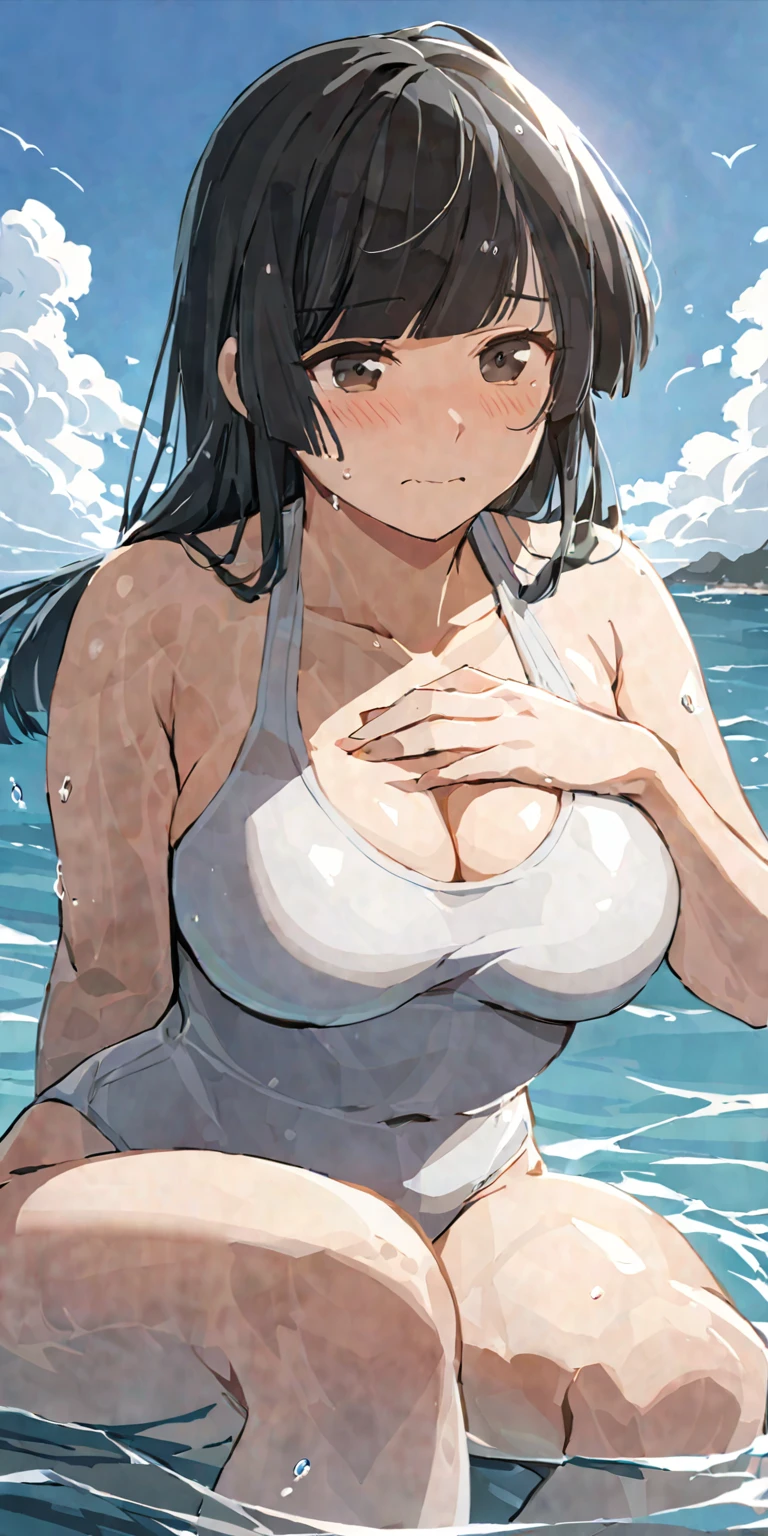 masterpiece,best quality, solo, eda, bangs, black hair, upper body,blue sky,cloud, shy expression, natural expression, medium breast, hot, thicc, swimsuit , ocean, water, she was sitting , she was posin, closed mouth, she is wearing white sando while swimming she is grabbing her chest, dynamic pose, embarrassed expression, shy expression, big thighs , big hips, legs open