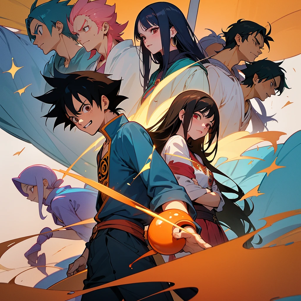 ((work of art)),((detailded)),(definition), make a banner with these characters Character 1:Luffy
Personagem 2: Nami Character 3: Zoro Character 4: Nico Robin Character 5: Usopp Character 6: Alvira Character 7: Hancock
Personagem 8: Sanji Character 9: Itachi
Personagem 10: Chopper
Personagem 11: Princess Vivi Character 12: Buggy the Clown Character 13: Franky
Personagem 14: Brock Character 15: Naruto Character 16: Kisame Character 17: Ashi Character 18: Sasuke Character 19: Character Death 20: Misti Character 21: Sakura Character 22: Goku Character 23: Rokelle Character 24: Katara Character 25: Don Flamingo Character 26: Seshoruman
Personagem 27: Erza Scalrlat
Personagem 28: Sukuna Character 29: zenitsu