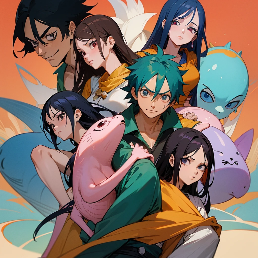 ((work of art)),((detailded)),(definition), make a banner with these characters Character 1:Luffy
Personagem 2: Nami Character 3: Zoro Character 4: Nico Robin Character 5: Usopp Character 6: Alvira Character 7: Hancock
Personagem 8: Sanji Character 9: Itachi
Personagem 10: Chopper
Personagem 11: Princess Vivi Character 12: Buggy the Clown Character 13: Franky
Personagem 14: Brock Character 15: Naruto Character 16: Kisame Character 17: Ashi Character 18: Sasuke Character 19: Character Death 20: Misti Character 21: Sakura Character 22: Goku Character 23: Rokelle Character 24: Katara Character 25: Don Flamingo Character 26: Seshoruman
Personagem 27: Erza Scalrlat
Personagem 28: Sukuna Character 29: zenitsu
