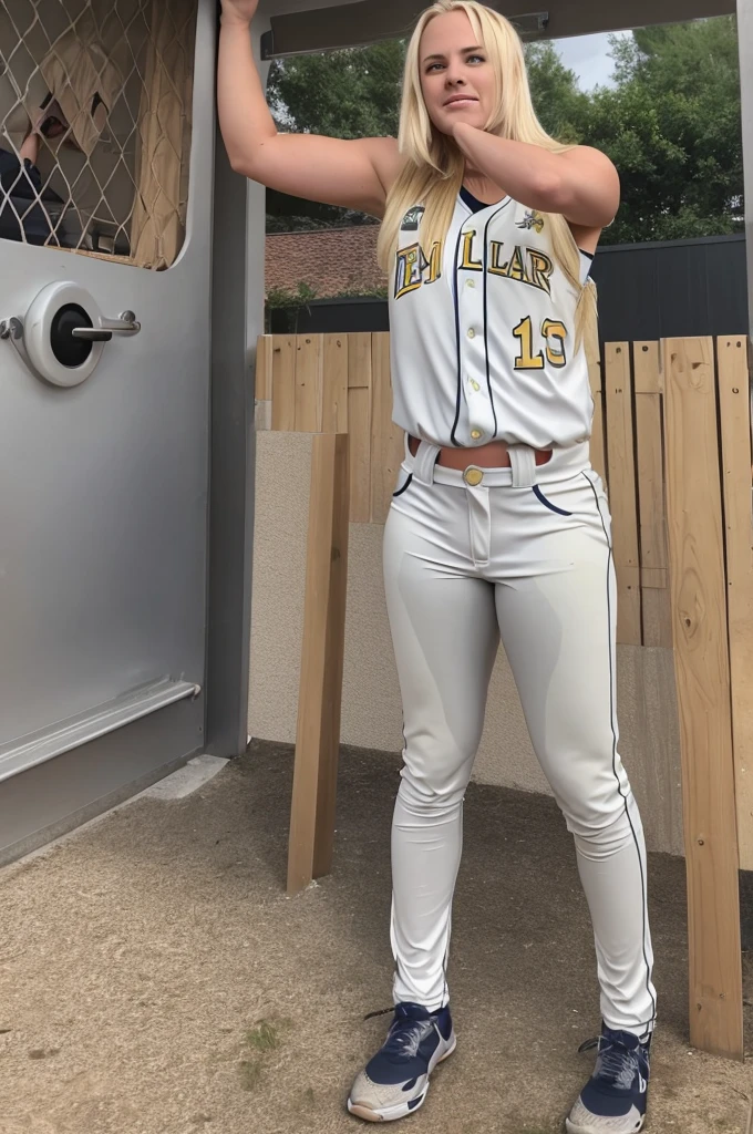 blond haired girl, 20 years old, blonde hair, college softball player, college softball outfit, urgendly needs to pee, cant hold it in, pees her softball pants, visibly wetness, pee running down her legs, peeing herself, puddle under her feet, blushing face, desperate look in her face, pee running down her pants, peestained pants