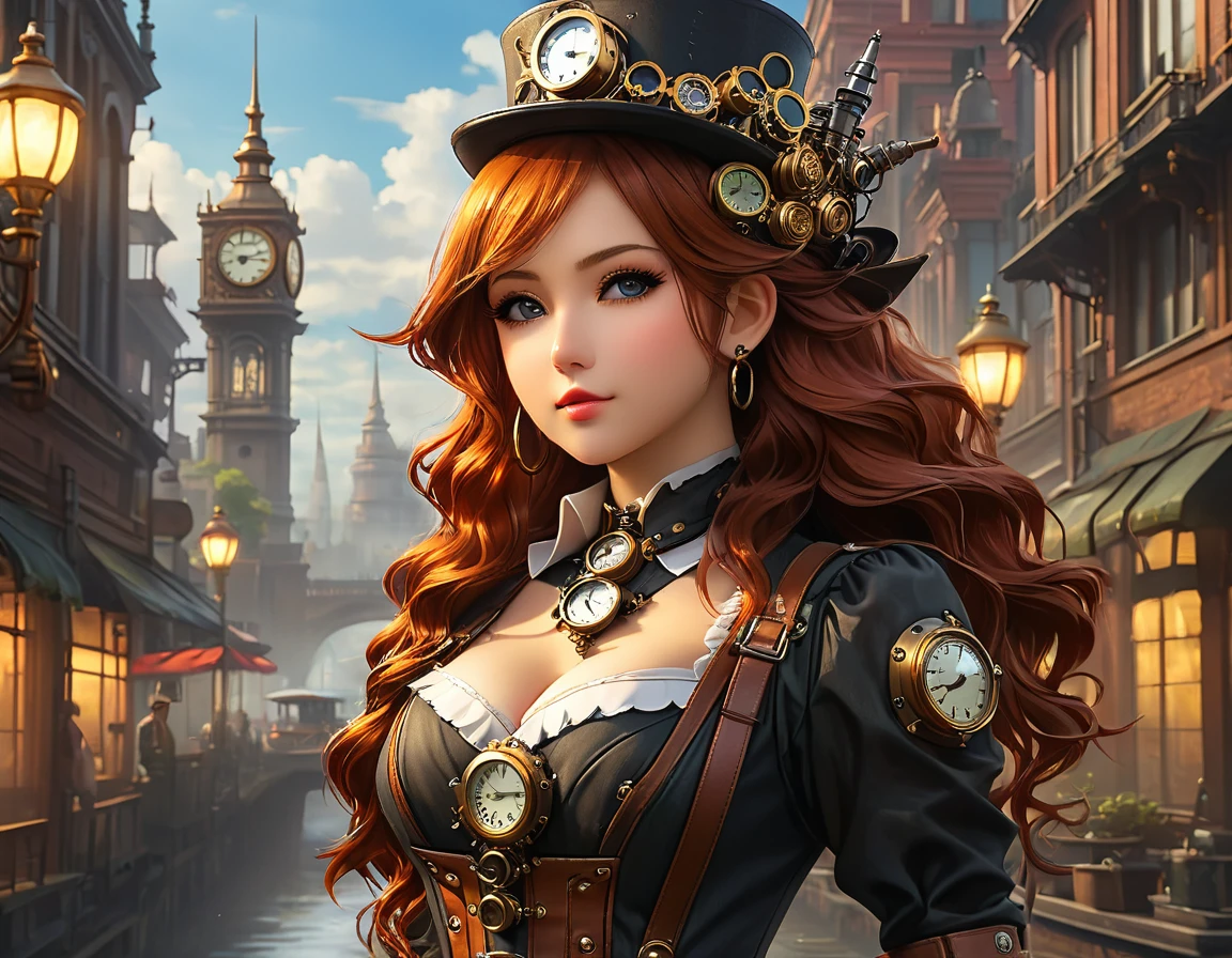 steampunk art pictures, Wide Shot,  intense details, highly detailed, Realistic, Highest quality, High resolution, reflected light, Attention to detail, Highest quality, 16K, [ultra detailed], masterpiece, Highest quality, (extremely detailed), ultra Wide Shot, Realistic, born, Realistic芸術,((Highest quality)), ((masterpiece)), (detailed), Perfect Face,Wide streetscape、Steam is rising、Urban area、clock tower、river、