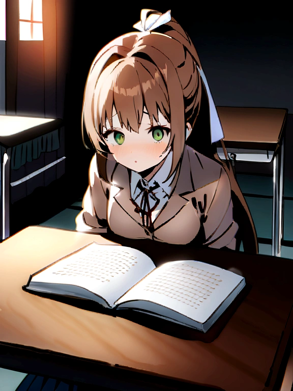 Monika scared
Masterpiece, top quality, high resolution, highly detailed, detailed background, cinematic lighting, one woman, looking at viewer, monica, green eyes, brown hair, very long hair, ponytail, hair ribbon, white ribbon, , blazer, brown sweater, collared shirt, neck ribbon, blue skirt, pen on table, open book on table, classroom, seat, scared