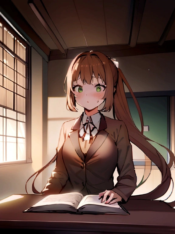 Monika scared
Masterpiece, top quality, high resolution, highly detailed, detailed background, cinematic lighting, one woman, looking at viewer, monica, green eyes, brown hair, very long hair, ponytail, hair ribbon, white ribbon, , blazer, brown sweater, collared shirt, neck ribbon, blue skirt, pen on table, open book on table, classroom, seat, scared