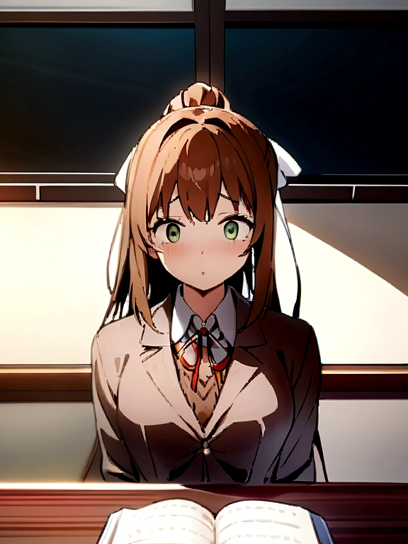 Monika scared
Masterpiece, top quality, high resolution, highly detailed, detailed background, cinematic lighting, one woman, looking at viewer, monica, green eyes, brown hair, very long hair, ponytail, hair ribbon, white ribbon, , blazer, brown sweater, collared shirt, neck ribbon, blue skirt, pen on table, open book on table, classroom, seat, scared