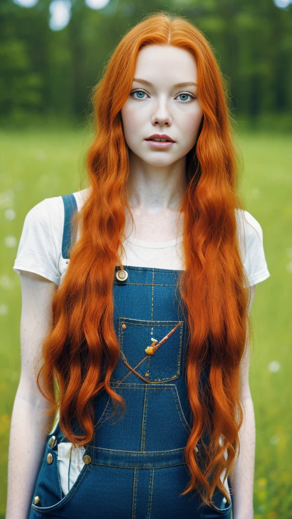 (Masterpiece artwork), still from film, (full body shot) of a beautiful and sexy young redhead, (long hair), (face perfect), (detailed facial features), seductive look,
(amazing body), (Wearing overalls) , standing, plein-air, humid, humid, fundo detailded), shallow depth of field, (detailded), photographed on a Kodak camera