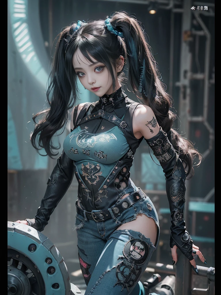 (Full Body View:1.4)、(Full body:1.3)、(Smiling with teeth showing:1.3),(Shibuya Gal:1.5)、(Gothic Lolita style fashion:1.5)、(Punk RockVisual Kei:1.5)、(Wearing a rhythmic gymnastics bodysuit with intricate details:1.4)、(Racing suit and pants with intricate turquoise, denim and charcoal decorations:1.5)、(Denim and light blue and turquoise boots:1.3)、((belt))、(Numerous delicate logo marks all over the costume:1.4)、(collar:1.3)、(Polka dot underwear:1.5)、20-year-old、NSFW、((Highest quality、In 8K、masterpiece:1.3))、Sharp focus:1.2、(Layered Cut、Huge boobs:1.1),Beautiful woman with perfect figure:1.4、(do a gravure pose:1.3)、Slender Abs:1.2、Highly detailed face and skin texture、Detailed eyes、double eyelid,(Twin tails:1.3)、(Black brown hair:1.3)、Gravure idol、(The background is the stage of the fashion show:1.3)、(Slim body:1.3),(Make your legs thinner:1.4),(clavicle:1.1)
