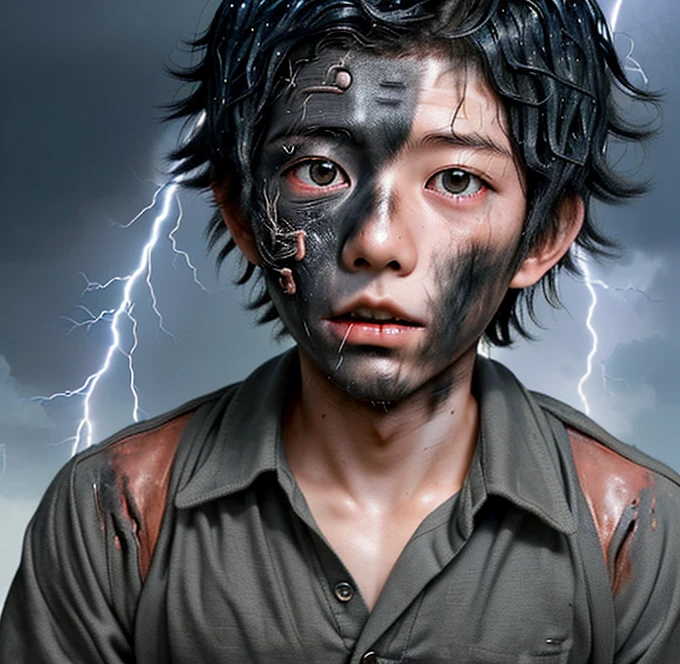 A Japanese boy was struck by lightning on his way to school and was electrocuted, leaving him covered in soot and in tatters.