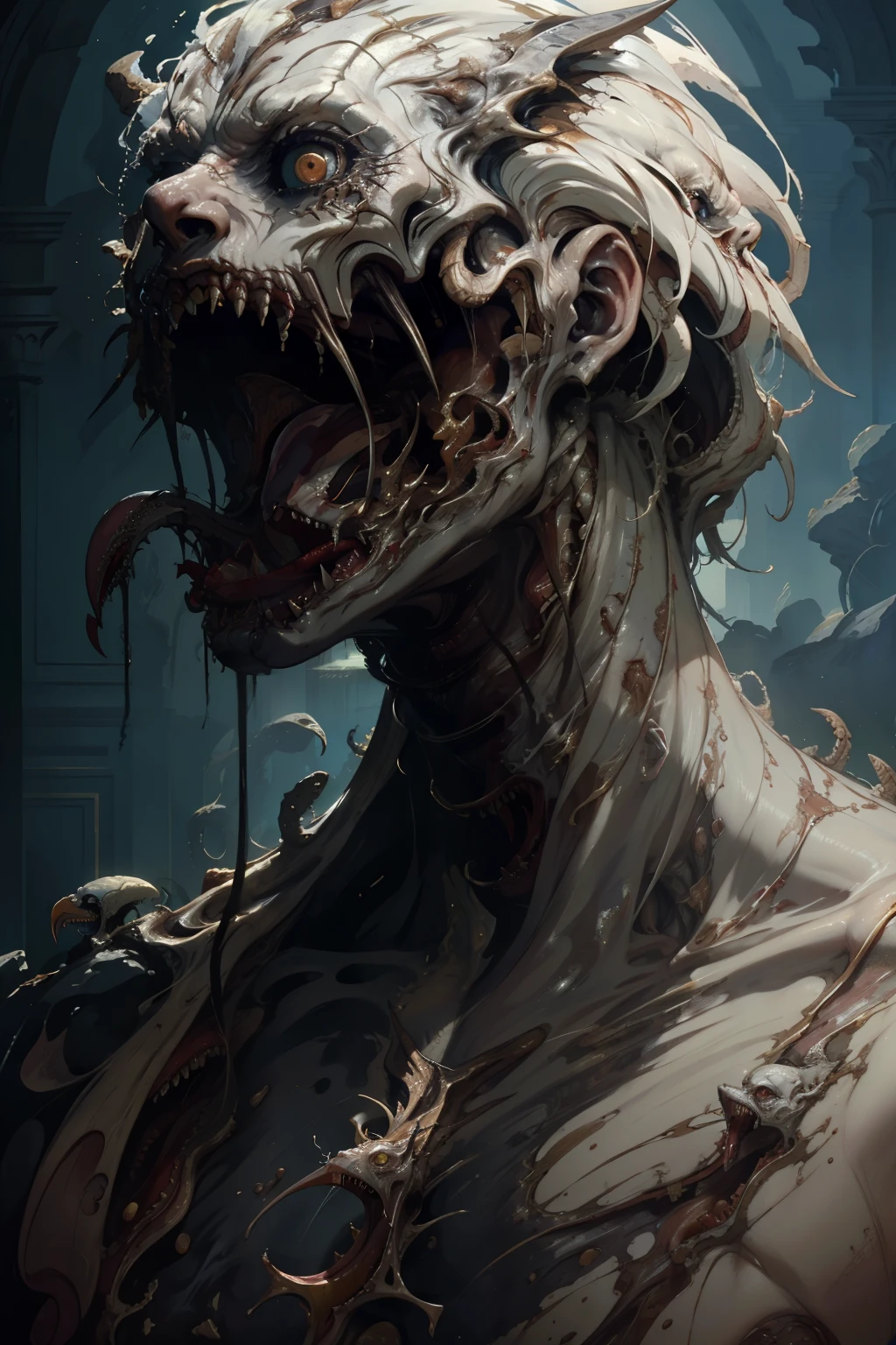  ((best quality)), ((masterpiece)), (detailed), monstrous, Beautiful, Best quality, perfect lighting, NSFW, monster smile with crooked fangs, Very skinny, disproportionately long arms, head of a vulture, scruffy dirty feathers, diseased, worms, A sinister aura, something, chained, deity, cultist clothing, cosmic horror, full body 