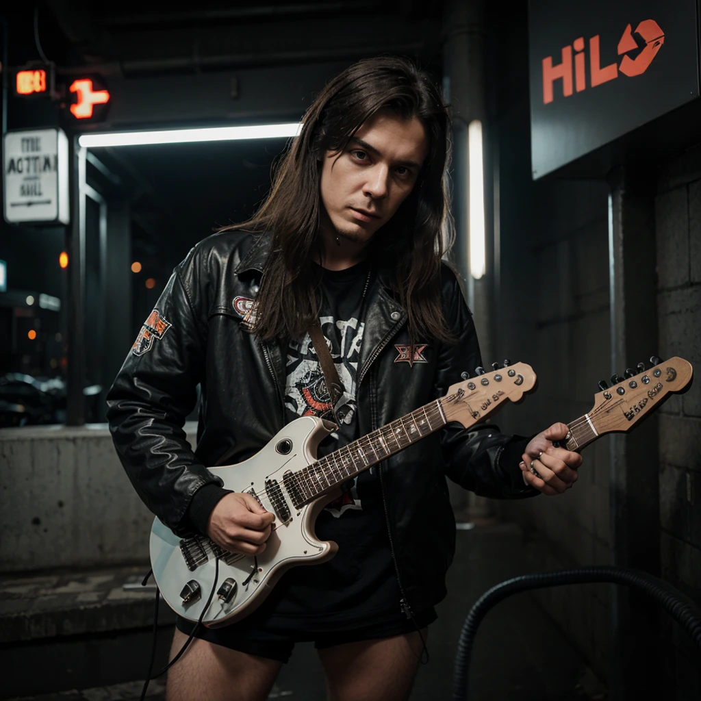 male metalhead, smoking cigarette, cybercity, alone, holding a electric guitar, chill expression