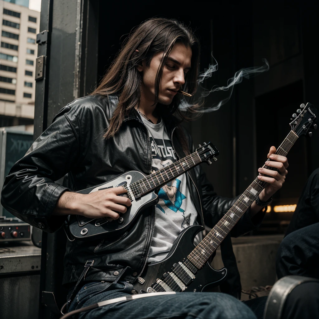 male metalhead, smoking cigarette, cybercity, alone, holding a electric guitar, chill expression 