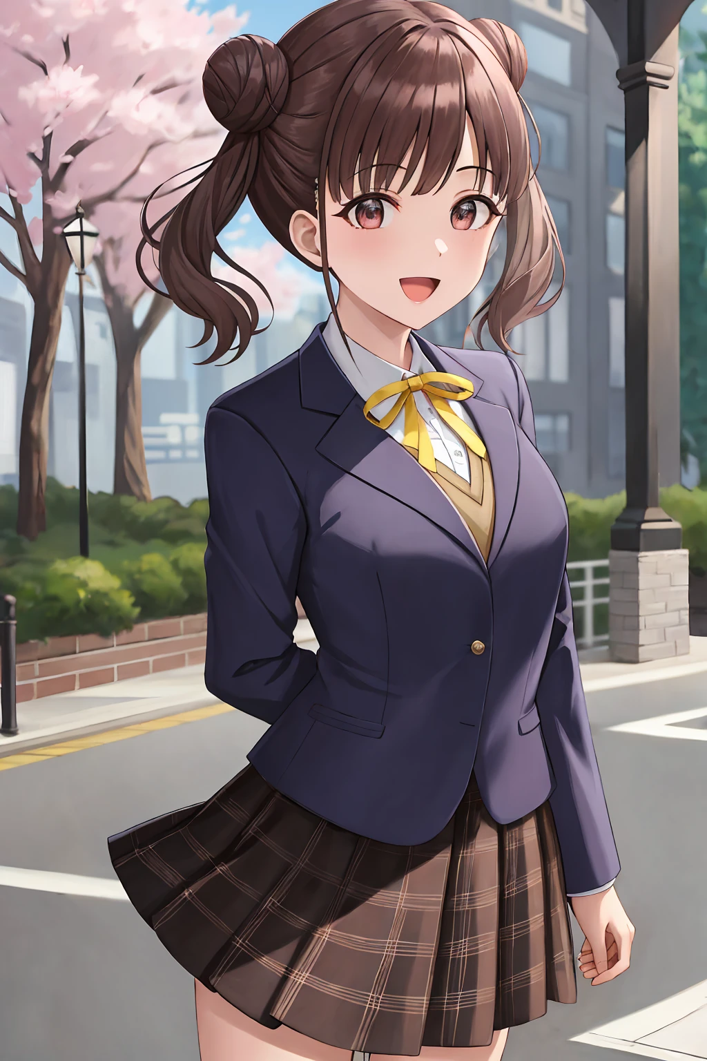 masterpiece, best quality, highres, 8k, (ultra-detailed eyes:1.1), 
aachiyoko, , double bun, twintails, 
neck ribbon, yellow ribbon, collared shirt, sweater vest, blazer, black jacket, open clothes, long sleeves, plaid skirt, brown skirt, 

outdoor, cherry blossoms, 
smile, leaning forward, standing, cowboy shot, open mouth, arms behind back,