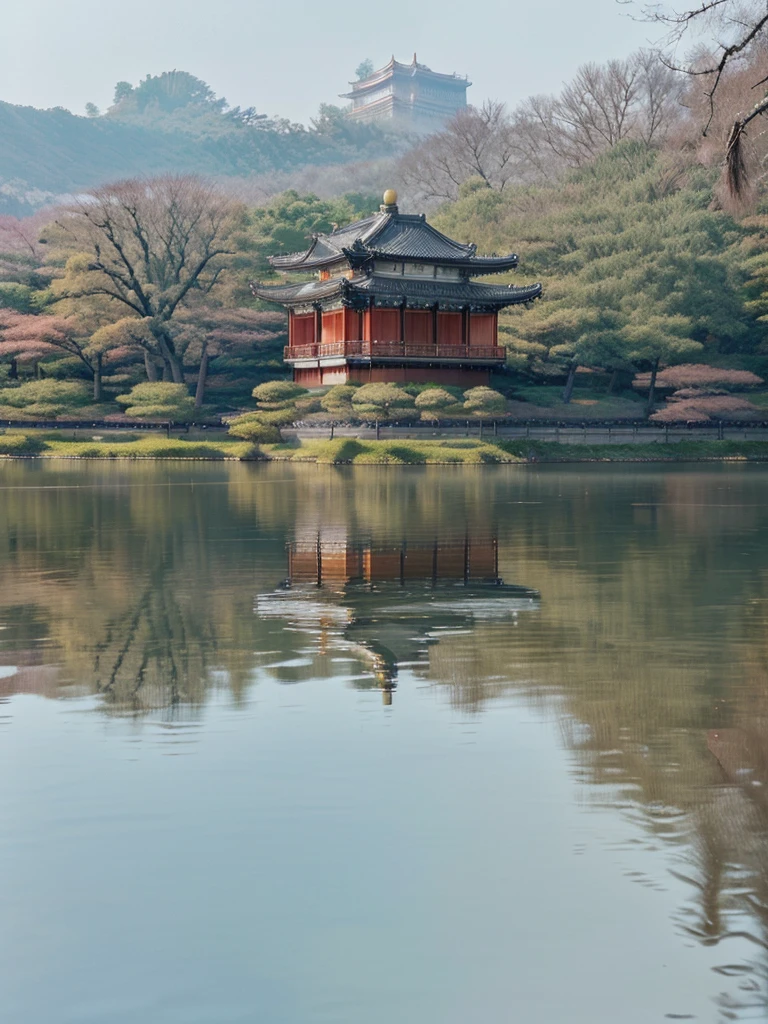 An imperial palace chinese facing the lake, The reflection hits the water. A place that reflects this in the glory days