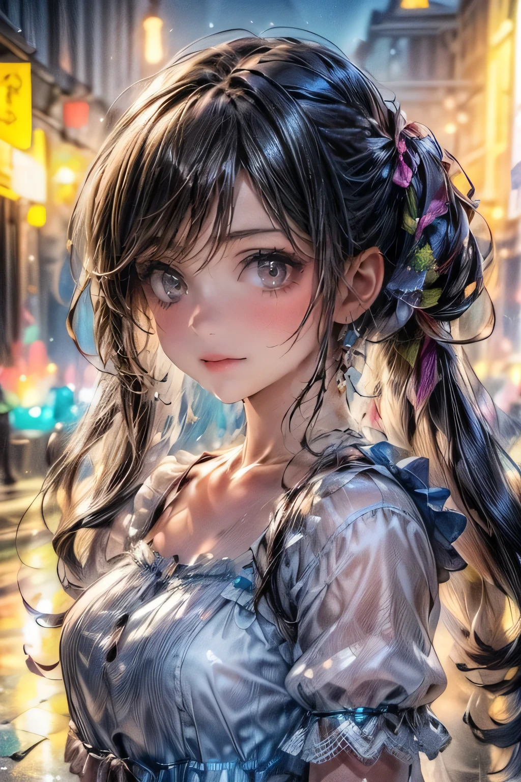 a cute angelic girl, [soft fluffy braided hair], ribbons, (((twin tails))), summer-like, [bright colored tiered dress], [subtle skin exposure], shopping, light smile, (best quality,4k,8k,highres,masterpiece:1.2),ultra-detailed,(realistic,photorealistic,photo-realistic:1.37),HDR,UHD,studio lighting,ultra-fine painting,sharp focus,physically-based rendering,extreme detail description,professional,vivid colors,bokeh,portraits,