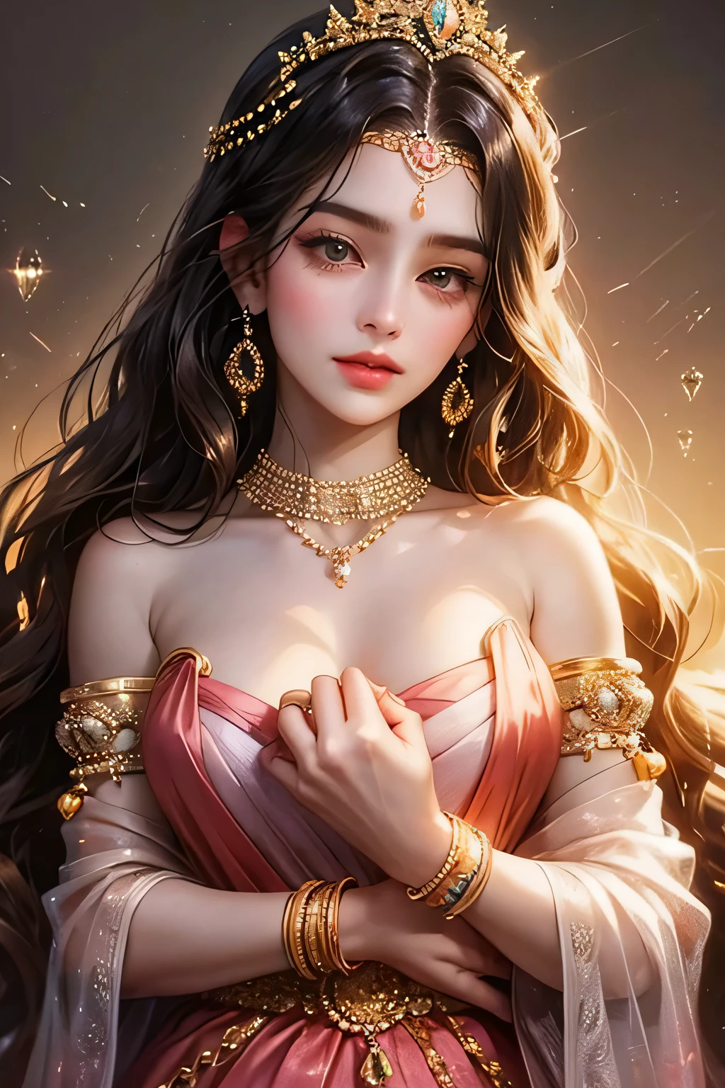 Goddess, very beautiful, animated style, closeup shot, anime in a yellow and pink combination indian dress, long black wavy hair untied, head jewellery, head clips, head chains, head tiara, necklace, earings, armlets, bangles and bracelets, rings, pleasant expression, bright big black eyes, holding a flower, natural beauty, vibrant colors, dreamy, northern light, pink bubble, romantic, soft lighting, vintage aesthetic