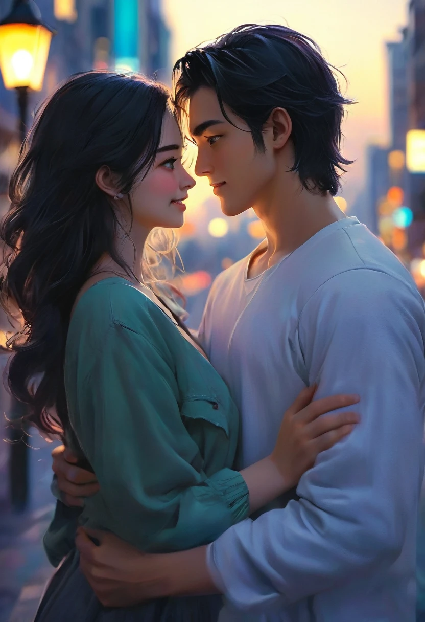 The cover image must depict a young couple (man and woman), the protagonists of the story, in a contemporary urban setting, maybe on a busy street in a big city at night. They are holding each other intimately and lovingly, looking at each other with expressions of happiness and genuine connection. The man, with dark hair and a gentle smile, wear a casual shirt and jeans, while the woman, with long, loose hair, gently hold his face, revealing tenderness and admiration in your eyes. Ao fundo, Illuminated buildings and lights from moving cars add a dynamic, modern ambiance to the scene, symbolizing the urban context of the story. The color palette should be soft and warm, with dark blue and violet tones in the night sky, contrasting with the warmer tones of the city lights and character details.