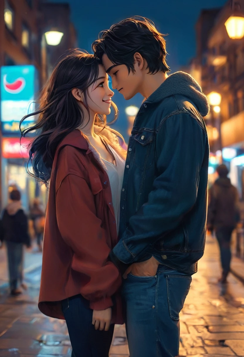 The cover image must depict a young couple (man and woman), the protagonists of the story, in a contemporary urban setting, maybe on a busy street in a big city at night. They are holding each other intimately and lovingly, looking at each other with expressions of happiness and genuine connection. The man, with dark hair and a gentle smile, wear a casual shirt and jeans, while the woman, with long, loose hair, gently hold his face, revealing tenderness and admiration in your eyes. Ao fundo, Illuminated buildings and lights from moving cars add a dynamic, modern ambiance to the scene, symbolizing the urban context of the story. The color palette should be soft and warm, with dark blue and violet tones in the night sky, contrasting with the warmer tones of the city lights and character details.