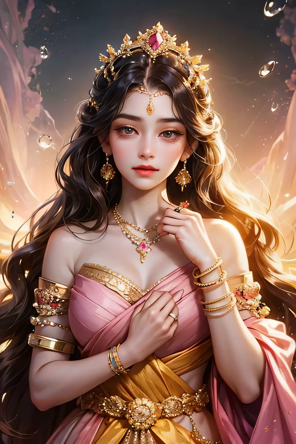 Goddess, very beautiful, animated style, closeup shot, anime in a yellow and pink combination indian dress, long black wavy hair untied, head jewellery, head clips, head chains, head tiara, necklace, earings, armlets, bangles and bracelets, rings, pleasant expression, bright big black eyes, holding a flower, natural beauty, vibrant colors, dreamy, northern light, pink bubble, romantic, soft lighting, vintage aesthetic