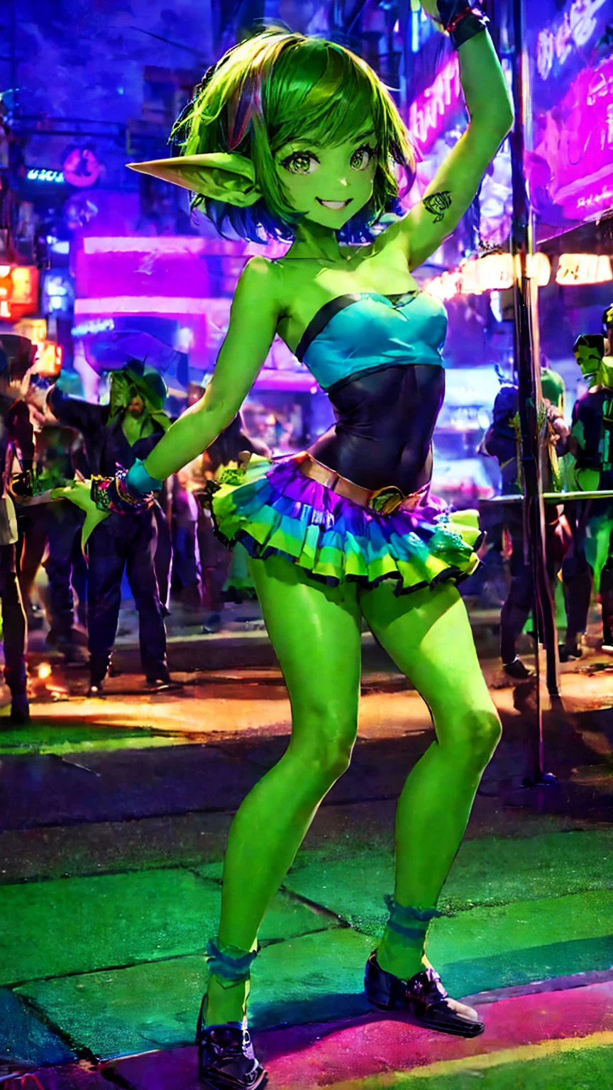 1 girl, short hair, green goblin girl, green skin, small pointy ears, ((rainbow hair)), wearing short skirt and tube top, no bra, wearing rainbow knee-socks, wearing knee socks, smiling, full body, outdoors in tokyo, performing a tiktok dance in the streets of tokyo, nighttime, dynamic lighting, dynamic pose, cinematic still, action shot, action pose, dancing, dancer, having fun, being recorded by multiple people with cameraphones, center of attention, dark