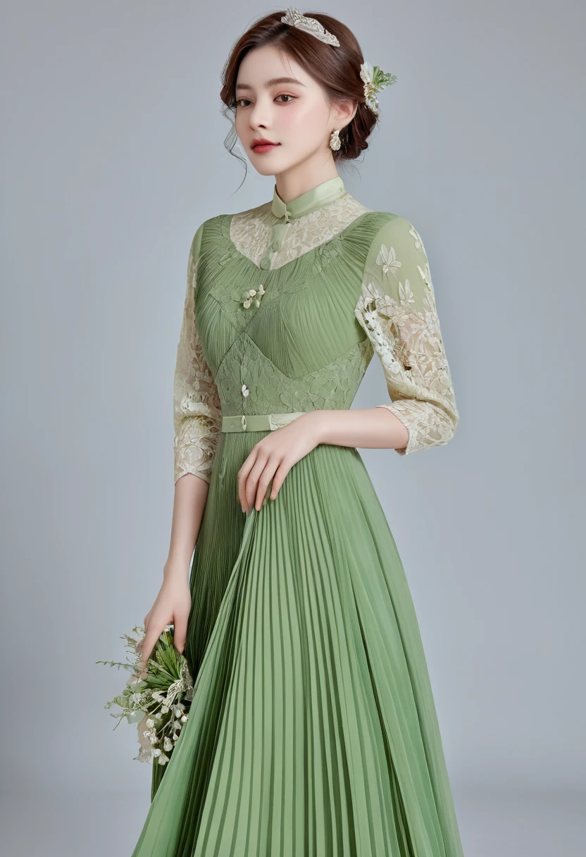 ((High-quality work)), the lines are clear and concise, the green dress and the beautiful pleated lace complement each other, which enriches the layering of the whole picture, the graceful Edwardian lace dress and the princess skirt add a lot to the character, the gesture with the back of the hand behind , It also shows the gentle and elegant side of women.