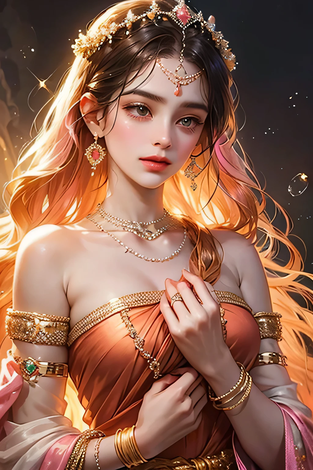 Goddess, very beautiful, animated style, closeup shot, anime in a yellow and pink combination indian dress, long black wavy hair untied, head jewellery, head clips, head chains, head tiara, necklace, earings, armlets, bangles and bracelets, rings, pleasant expression, bright big black eyes, holding a flower, natural beauty, vibrant colors, dreamy, northern light, pink bubble, romantic, soft lighting, vintage aesthetic