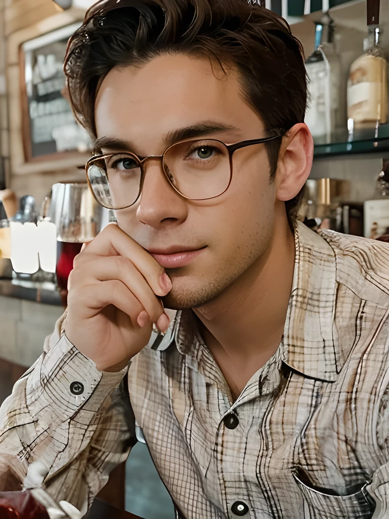 Handsome young man sitting in front of the bar table, while drinking wine, bar visitors background, Several glasses filled with red liquid can be seen above m