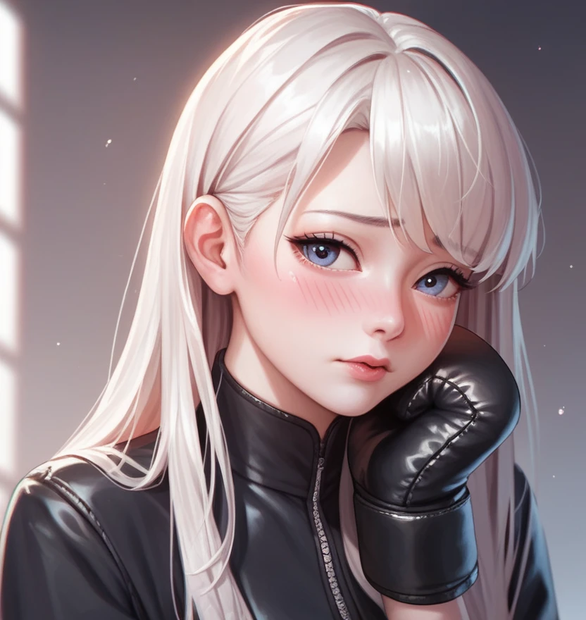 Korean beauty boxer，18 years old,Pretty Face，Good shape，detailed picture, Shy expression， blush，White long hair, Wearing a black jumpsuit, Wear black pantyhose, Wearing black boxing gloves，She&#39;s kneeling in the boxing ring，Large Breasts,Cleavage,Long legs，Thin waist，nipple，Camel toe